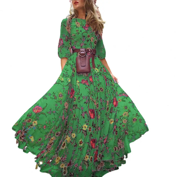 Slim-fitting Printed Dress Elegant Floral Maxi Dress for Women A-line Silhouette High Waist Design Half Sleeve Detail for Spring