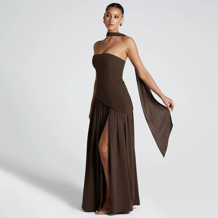 Elegant Strapless Maxi Dress Women Chic Scarf Neck High Split Long Evening Dress Bodycon Prom Party Wedding Guest Vestidos