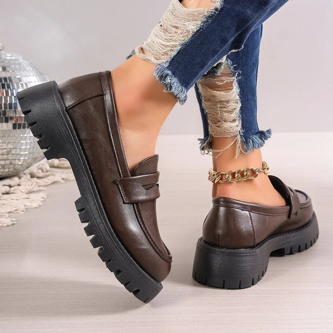 Casual Platform Loafers Woman 2025 British Style Black Brown PU Leather Shoes for Women Comfort Slip On Flats Plus Size