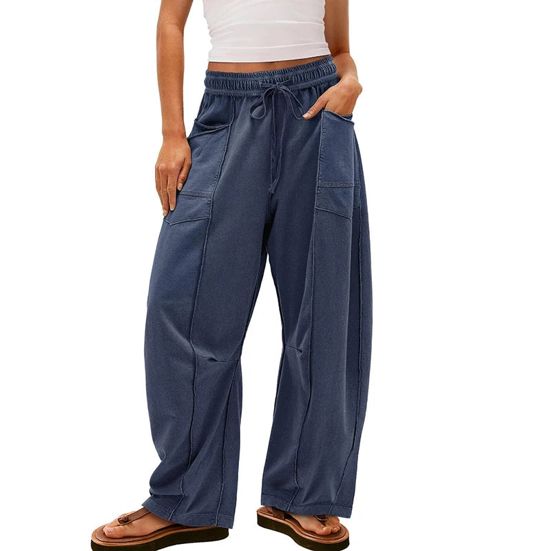 Fashion Women Casual Loose Wide Leg Pants Women Solid Color High Waist Drawstring Long Trousers Jogging Sportswear