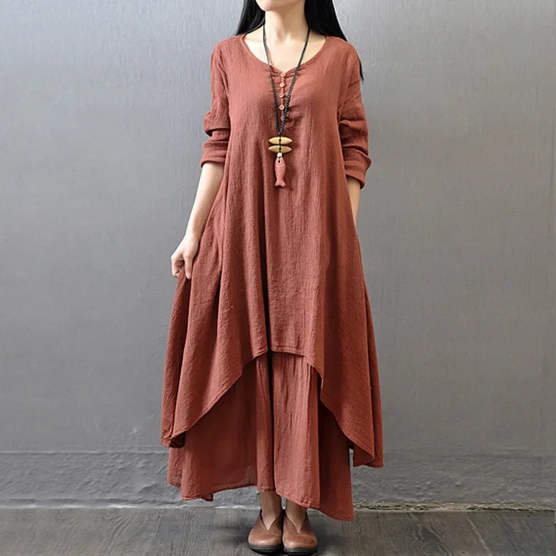Spring Autumn Women Maxi Dresses Casual Full Sleeve Bohe Cotton Women&