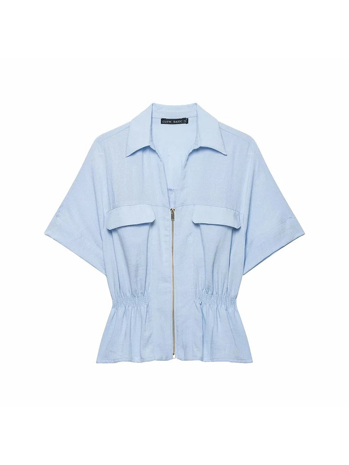 Women Light Blue 2-Piece Set Lapel Zipper Short Sleeve Cropped Shirt + Elastic Waist Wide Leg Pants Casual Office Lady Suit