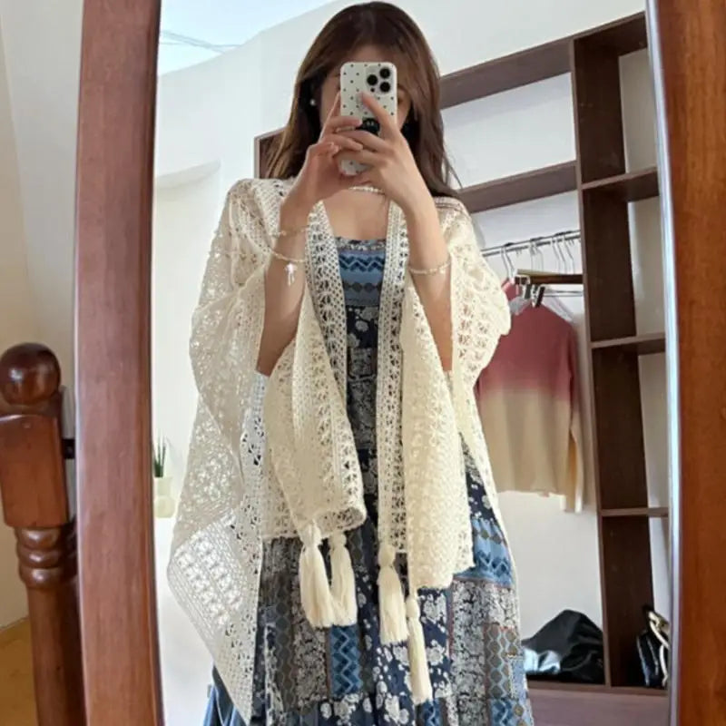 Summer Mesh Lace Beach Cover-Up with Tassels Elegant Sun Protection Shawl for Women