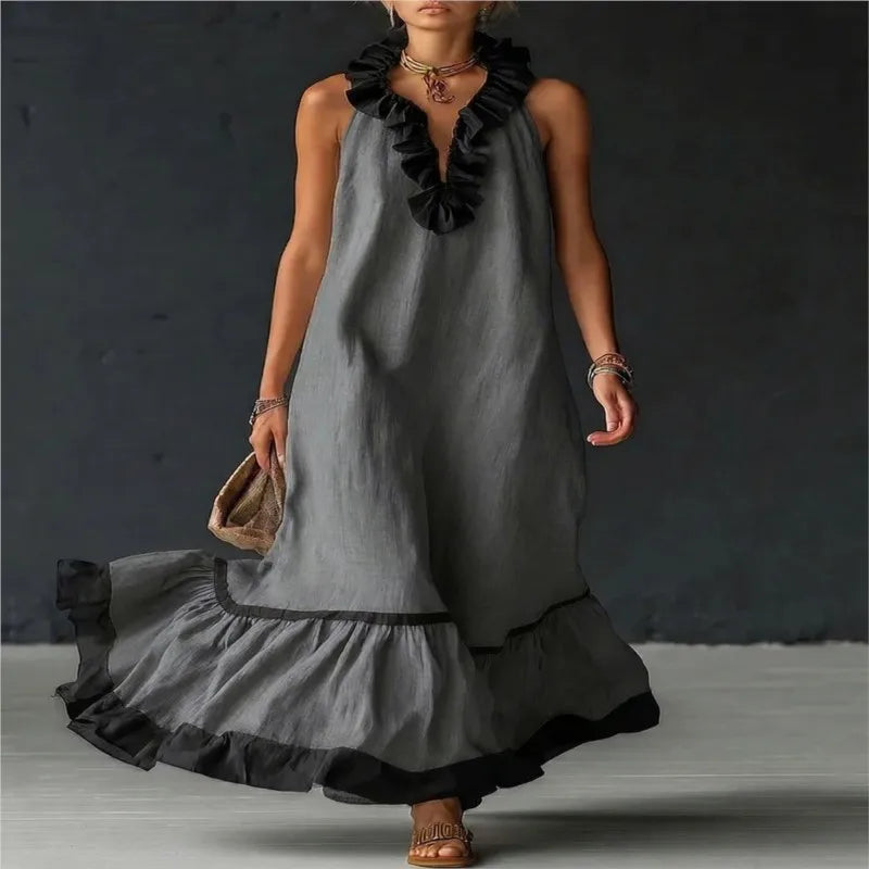Fashion Patchwork Maxi Dress for Woman V Neck Stringy Selvedge Ruffle Flowy Long Dresses 2026 Summer Beach Vacation Sundress