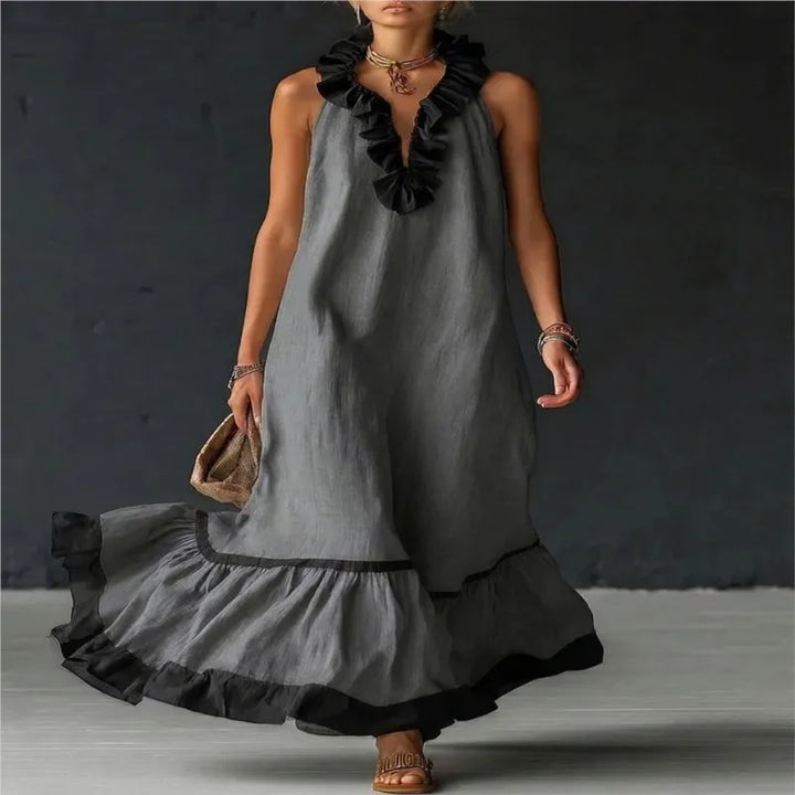 Fashion Patchwork Maxi Dress for Woman V Neck Stringy Selvedge Ruffle Flowy Long Dresses 2026 Summer Beach Vacation Sundress