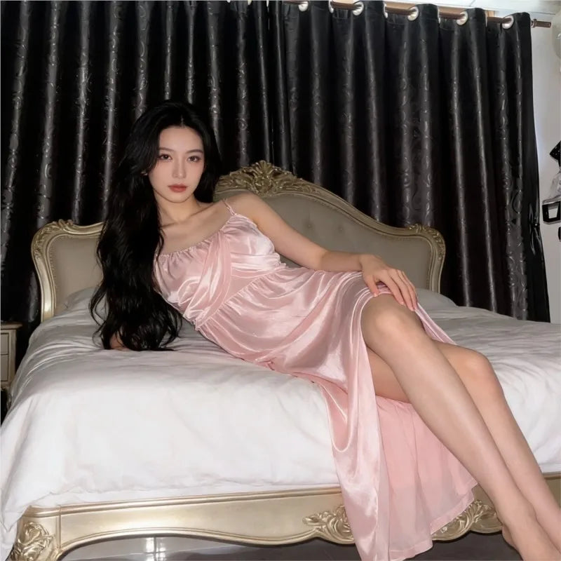 Women Summer Satin Slip Dress Elegant Silky Smooth Slim Fit High-Waisted Side Slit Spaghetti Strap Long Evening Dresses