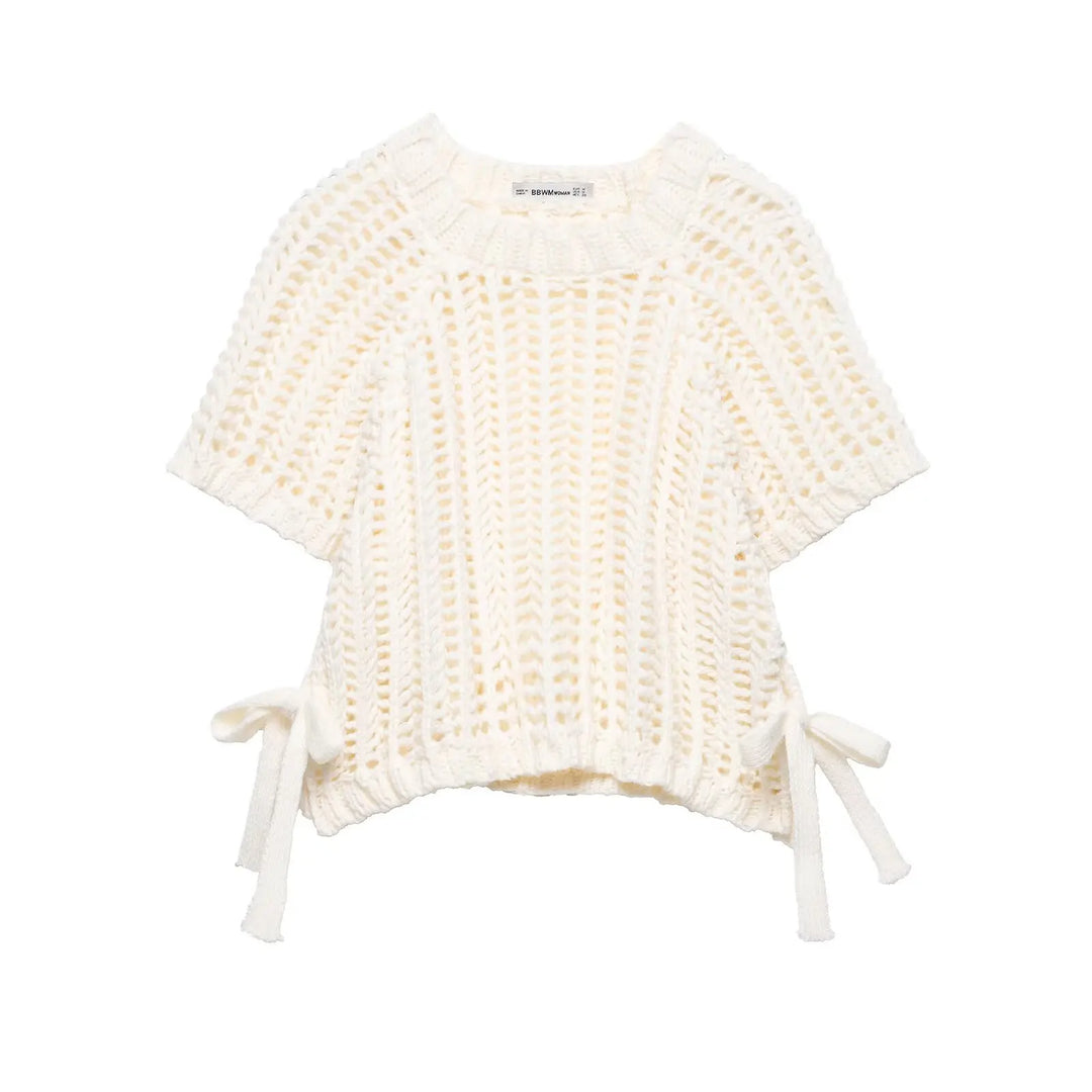 Hollow Out Knit Pullover Women Casual Round Neck Lace Up Bow Sweater Female Autumn Short Sleeves Solid Knitwears Lady