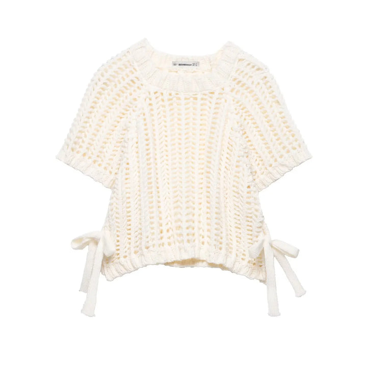 Hollow Out Knit Pullover Women Casual Round Neck Lace Up Bow Sweater Female Autumn Short Sleeves Solid Knitwears Lady