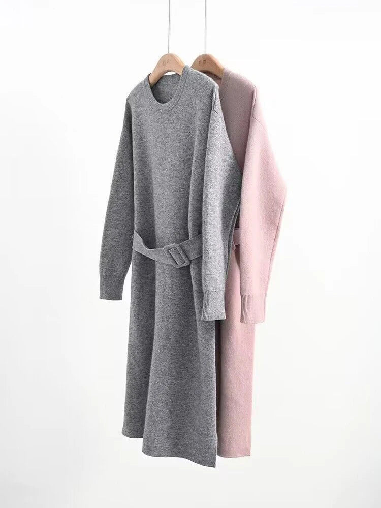 Autumn Winter Knitted Dress 2023 O-Neck Long Sleeve Party Midi Dress for Women Elegant Pink Gray A-line Sweater Dresses Ladies