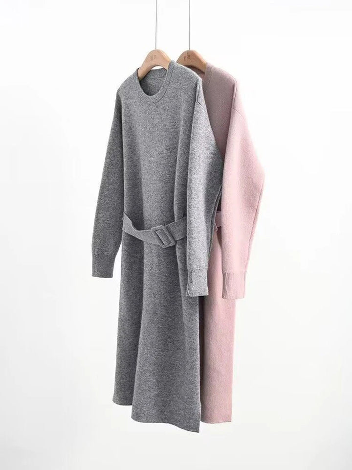 Autumn Winter Knitted Dress 2023 O-Neck Long Sleeve Party Midi Dress for Women Elegant Pink Gray A-line Sweater Dresses Ladies