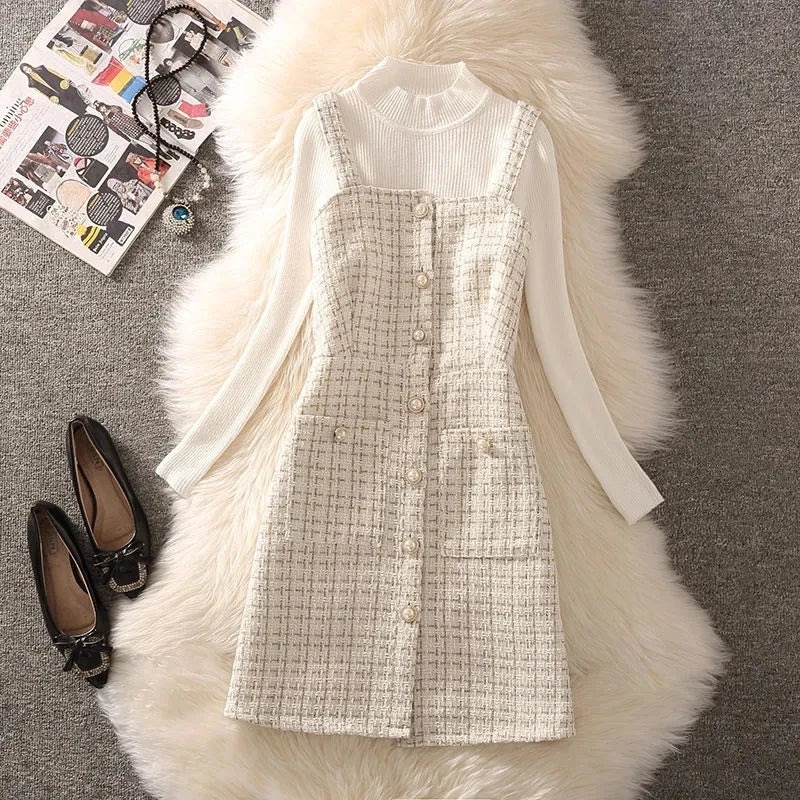 Women Autumn Winter Dress New Small Fragrant Tweed Vest Suspender Woolen Dress Bottom Knitted Sweater Female Two-Piece Set Suit