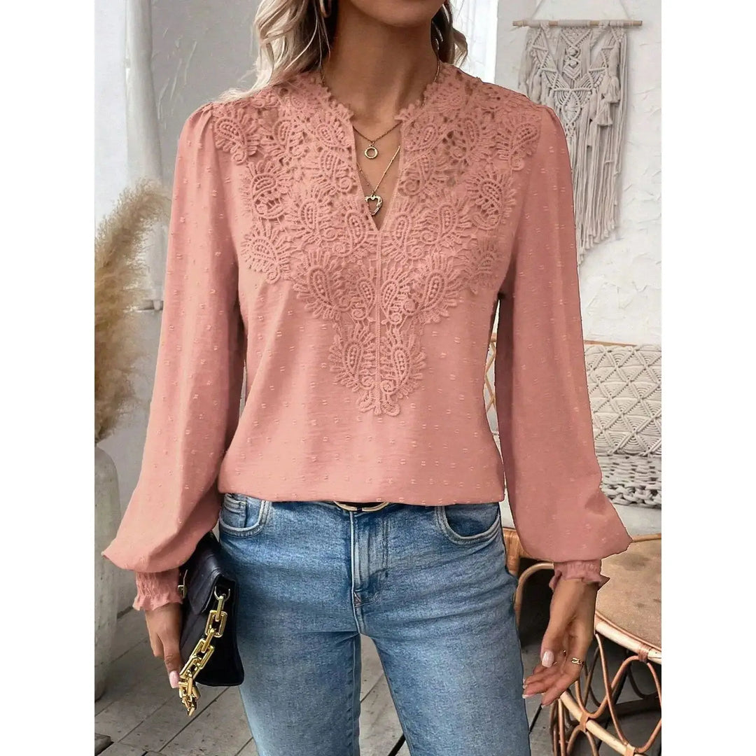 2026 New V-Neck Lace Splicing Long Sleeve Casual Shirt Women&