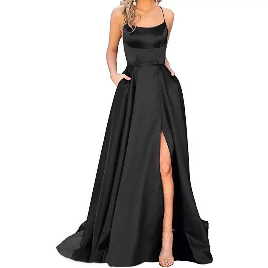 Satin Beach Maxi Women Dress for Christmas Sexy Side Slit Adjustable Straps Evening Prom Dress Cheap Bridesmaid Dresses Sexy cam