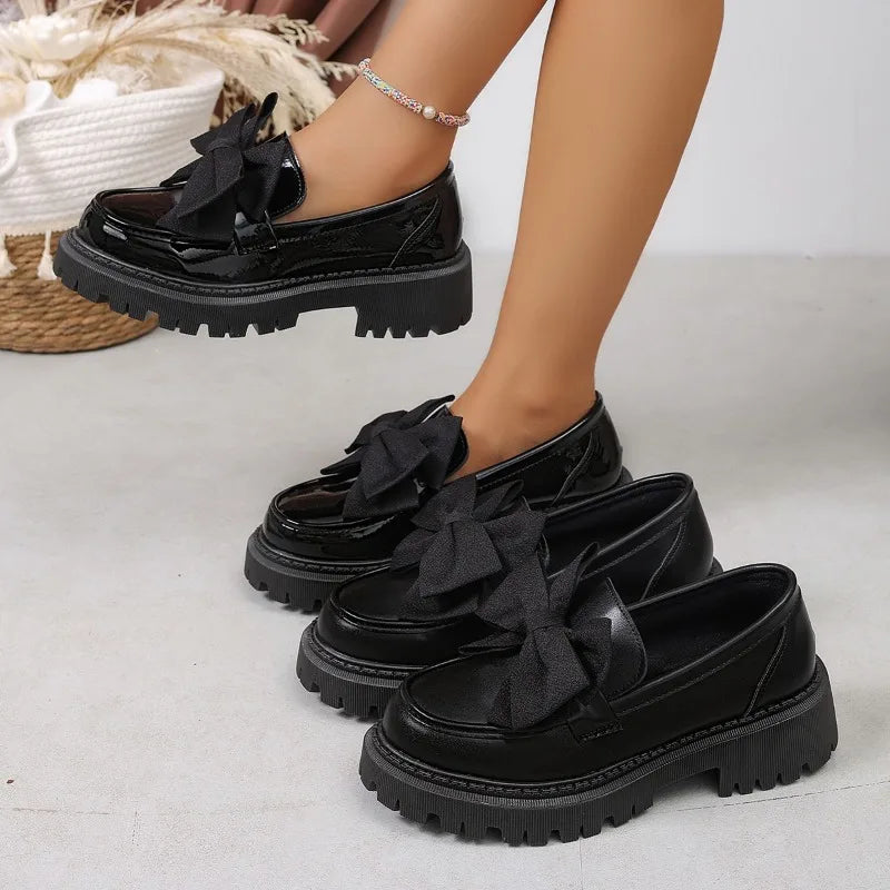 Women British Style Loafers bowknot Chunky Heel Leather Flats Autumn Slip-On Shoes Versatile Work Shoes Platform Oxford Shoes