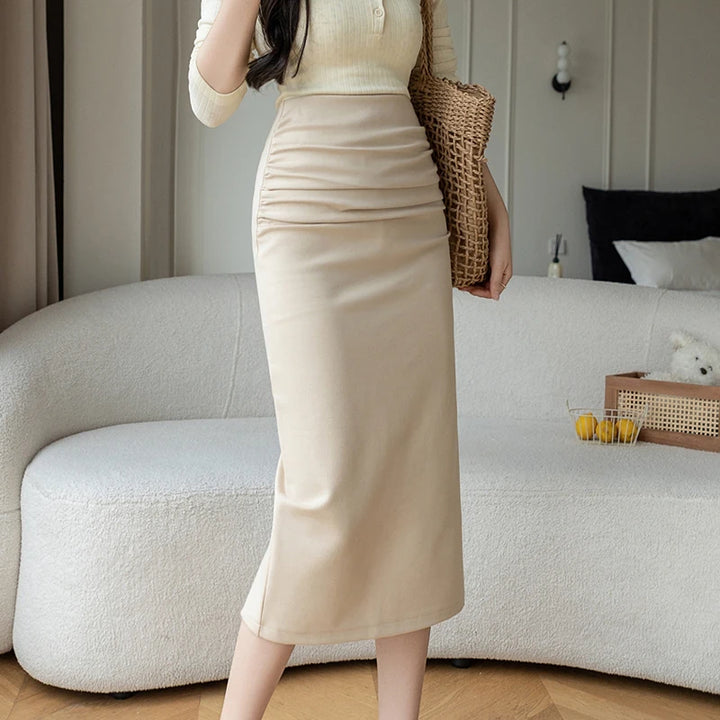 Solid Color Bodycon Midi Skirt Women High Waist Slim-fit OL Style Black Skirt Korean Fashion Elegant Pencil Skirt Saias Mujer