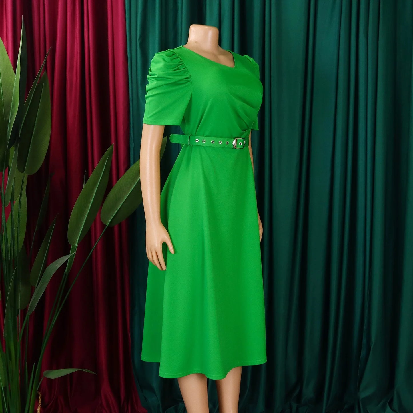 Elegant Party Dresses for Women V Neck Short Sleeve Belt Waisted Pleated Mid Calf Luxury Birthday Dinner Vestidos Mujer Dress OL