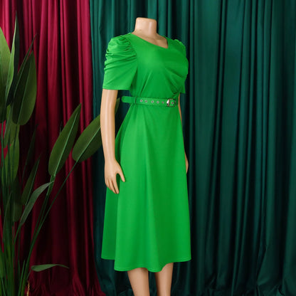 Elegant Party Dresses for Women V Neck Short Sleeve Belt Waisted Pleated Mid Calf Luxury Birthday Dinner Vestidos Mujer Dress OL