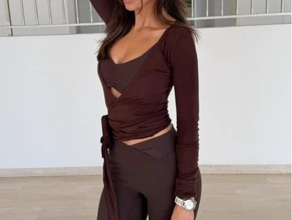2025 New V-neck Long Sleeved T-shirt with Fashionable and Personalized Design, Wrapped and Slim Fit Top