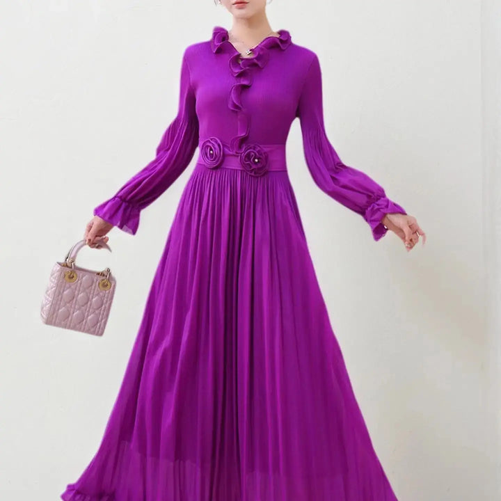 Elegant pleated fitted long dress for women with ruffled trim, luxurious evening gown, new style for Spring/Summer 2026.