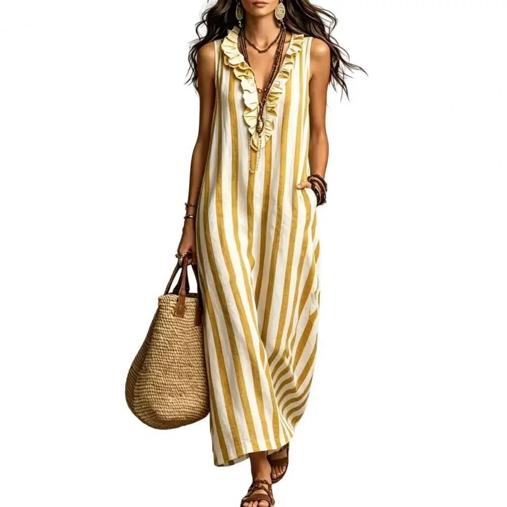 Women Striped Cotton Linen Maxi Dress Sleeveless Ruffle V Neck Long Dress Boho Beach Flowy Sundress with Pockets Elegant Women D