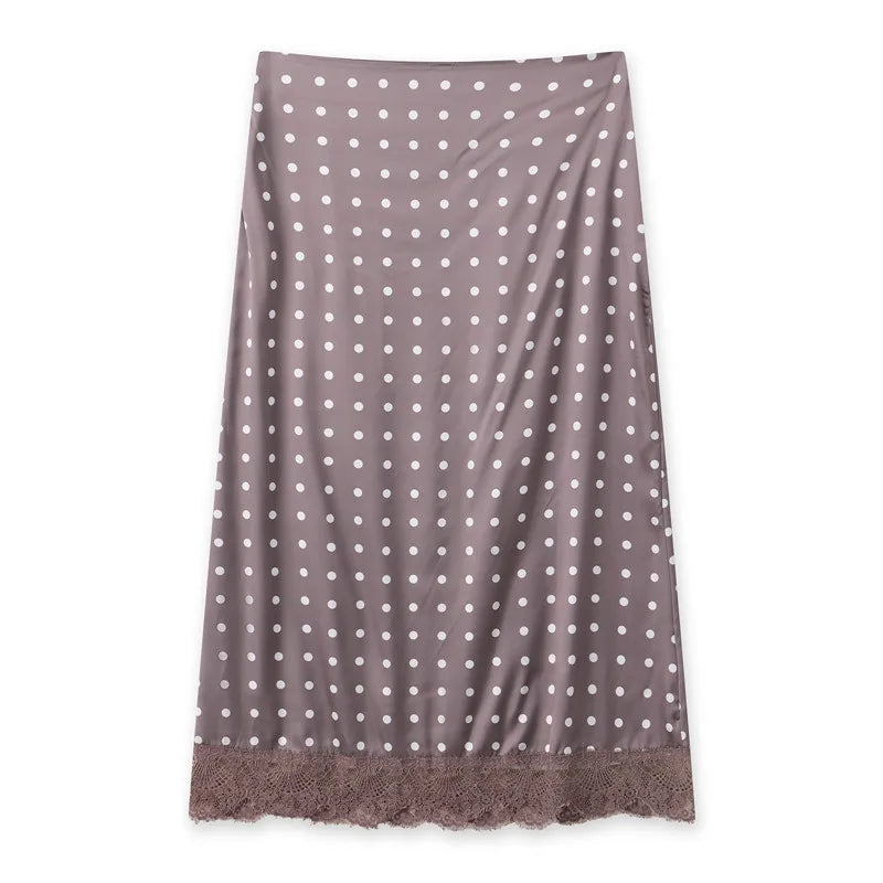 hirigin Women Elegant Lace Satin Spliced Midi Skirts Sexy Dots Print High Waist Retro Casual Straight Midi Skirts Y2K Streetwear