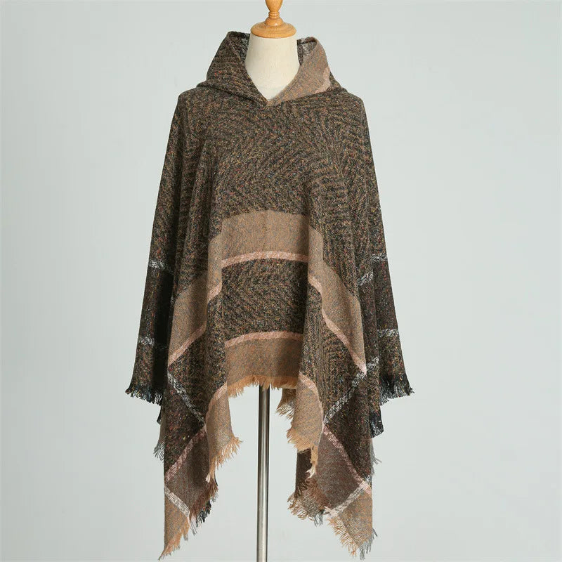 Knitted Imitation Cashmere Poncho Scarf Shawl Hooded Cape Pullover Cloak Scarves Tassels Coat Elegant Casual Outerwear for Women