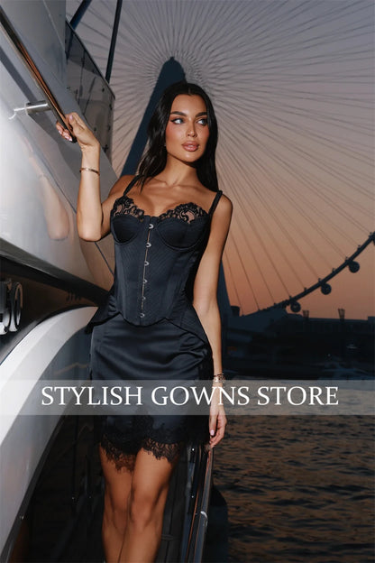 Short Women's Formal Evening Gowns Satin Mini Evening Dress for Women Spaghetti Strap Bodycon Lace Corset Gowns Customized
