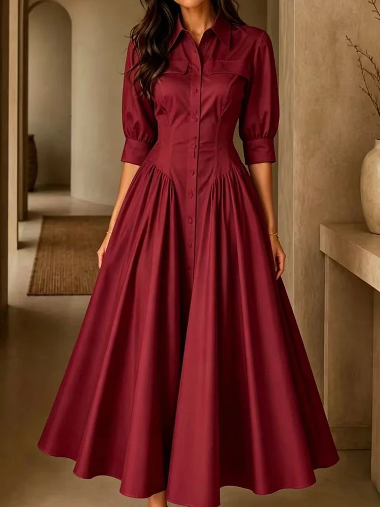 Elegant Women Solid Maxi Dress Single-Breasted Turn-Down Collar Autumn Party Dress Holiday Simple Button Patchwork Casual Dress
