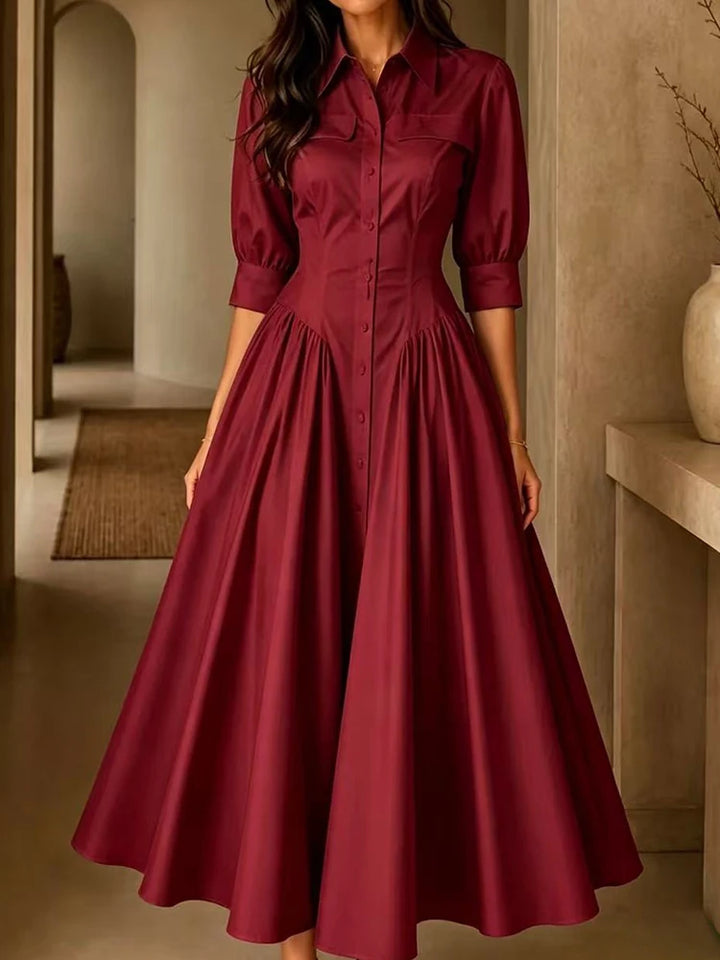 Elegant Women Solid Maxi Dress Single-Breasted Turn-Down Collar Autumn Party Dress Holiday Simple Button Patchwork Casual Dress
