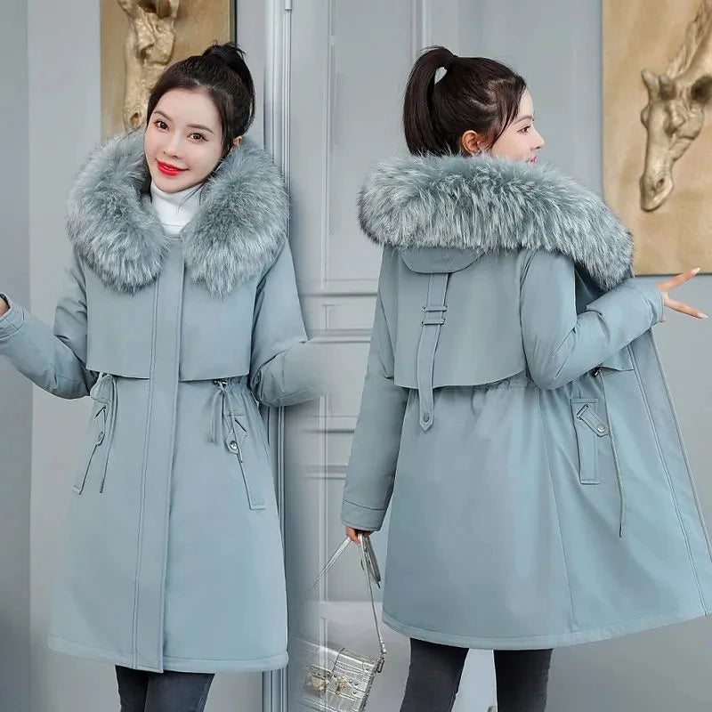 2026 New Women Winter Jacket 8XL Slim Long Coat Casual Parkas Big Fur Collar Wool Liner Hooded Outwear Cotton Warm Coats Female