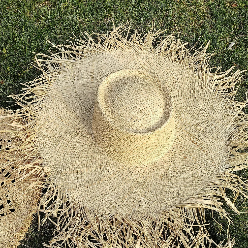 Large Brim Straw Hat Raffia Hand-woven Pattern Straw Hat Sun Protection Beach Sun Hat Women&