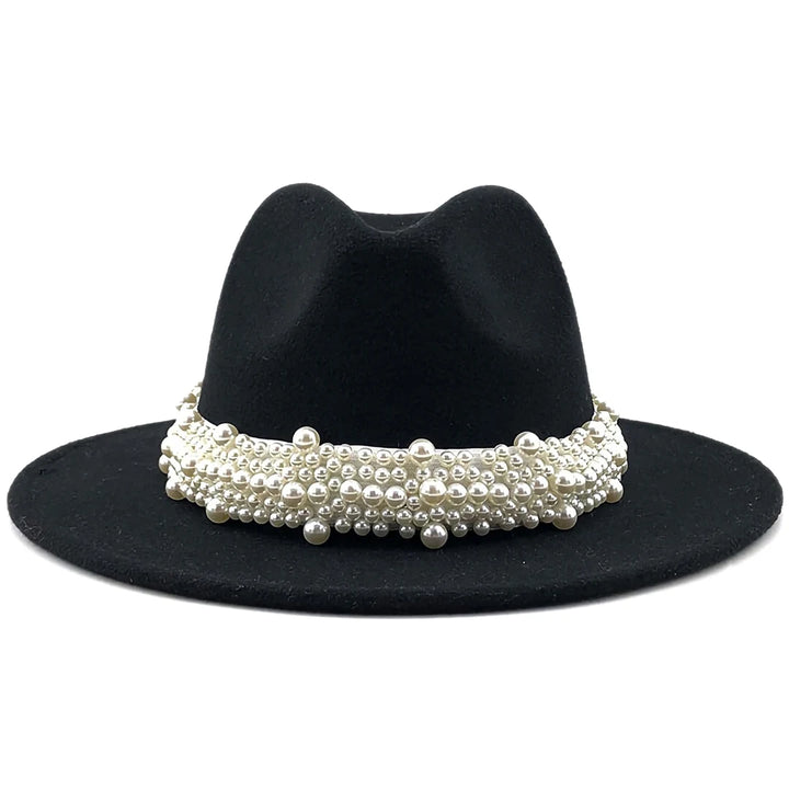 Fedora Hats for Women Wool Felt Panama Hat with Pearl Band Wide Brim Felt Hat Classic Trilby Jazz Hat Church Hats Women Elegant