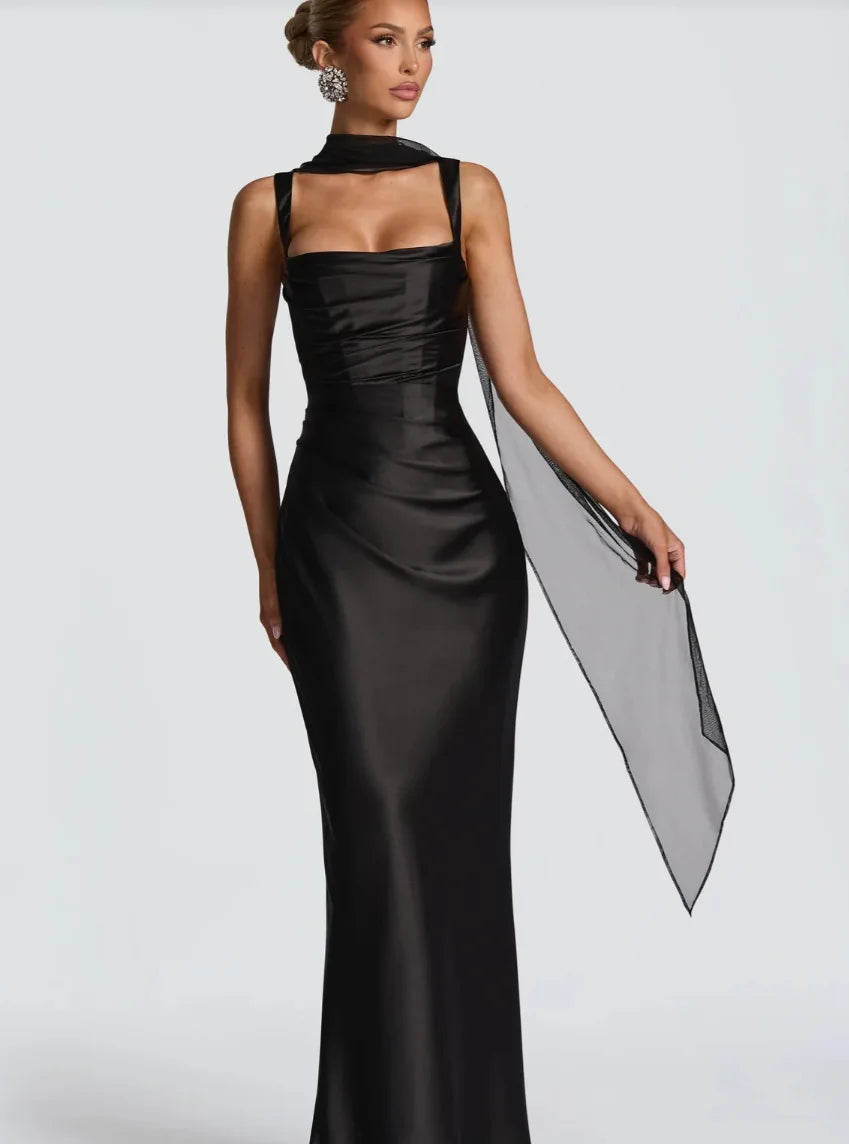 Elegant Women Corset Maxi Dress with Scarf Sexy Prom Gown Party Evening Dress Long Backless Lady Verstidos Chic Wedding Dress