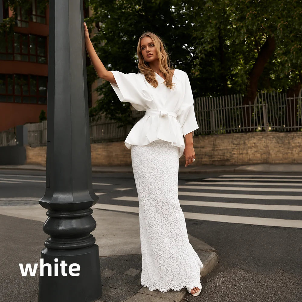 Women's Elegant 2 Piece Outfits White Batwing Sleeve Peplum Top Back Slit Lace Maxi Skirt Suit Wedding Guest Cocktail Party Wear