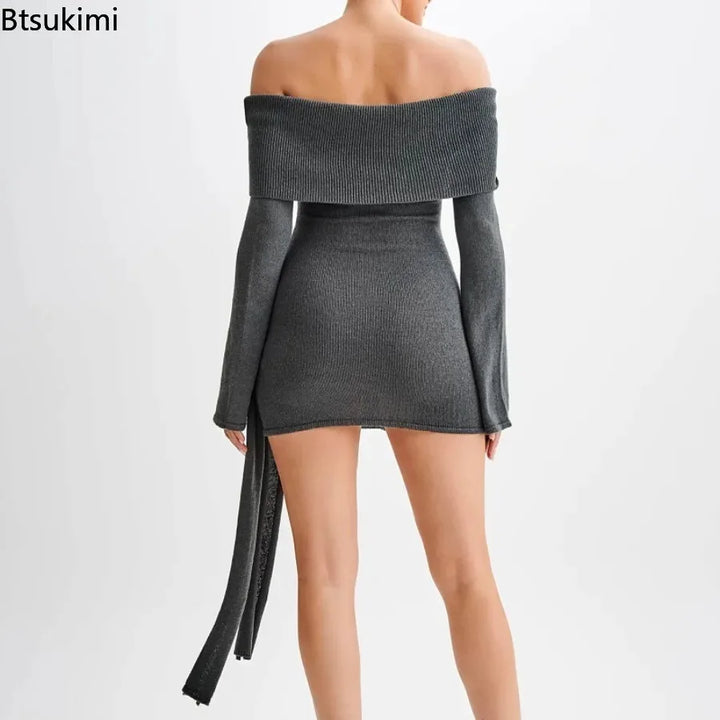 2026 Knitted Sweater Dresse for Women Fashion Lace-Up Off-Shoulder Mini Dress Solid Slim Patchwork Twist Ribbed Knitwear Dress