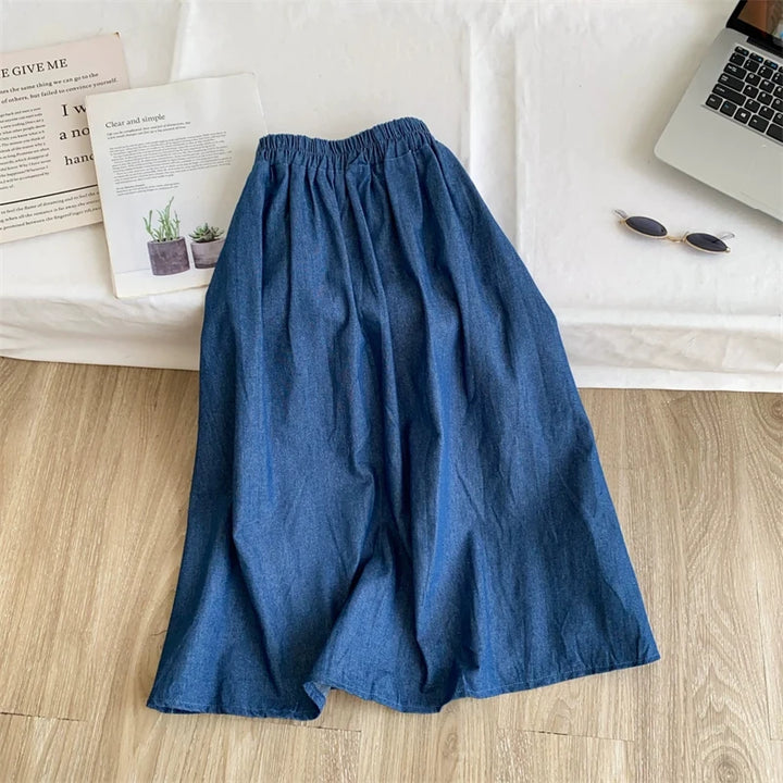 Women Denim Midi Skirt Vintage Floral Embroidery Ruffled Split A‑Line Skirt Elastic High Waist Casual Boho Long Jean Skirt
