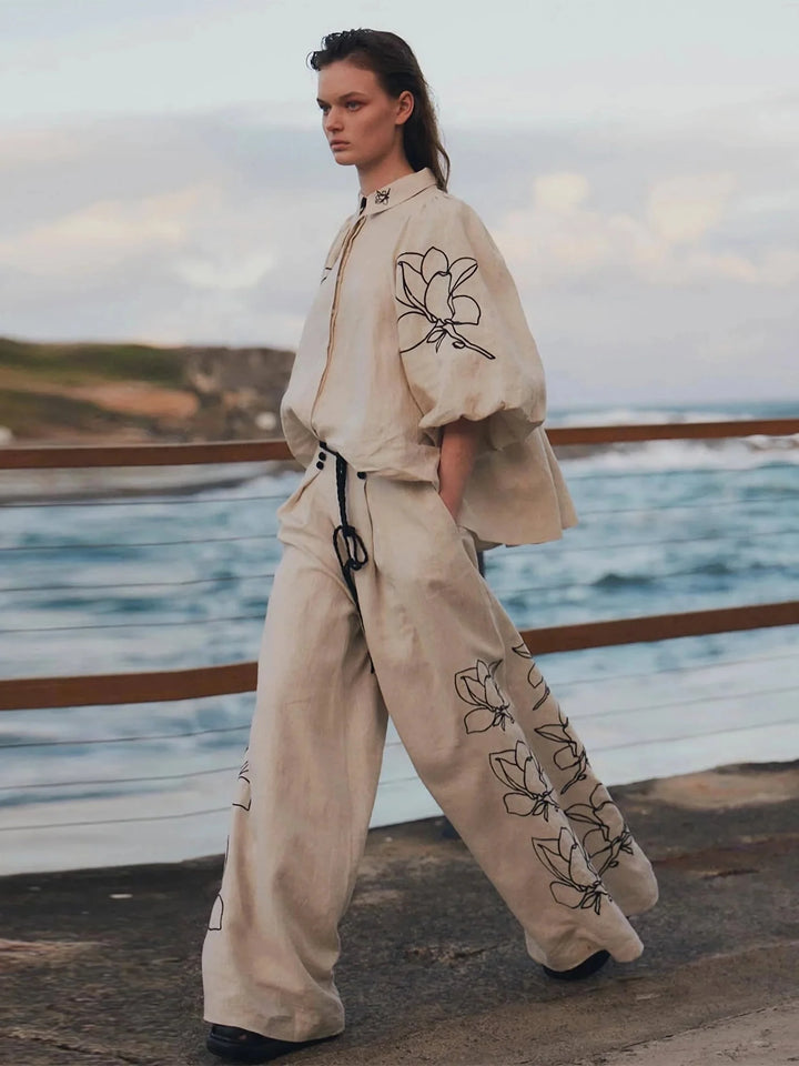 Cotton Linen Women Elegant Two Piece Set Loose Half Sleeve Embroidered Shirt &amp; Wide Leg Pants Set Casual Outfits Streetwear