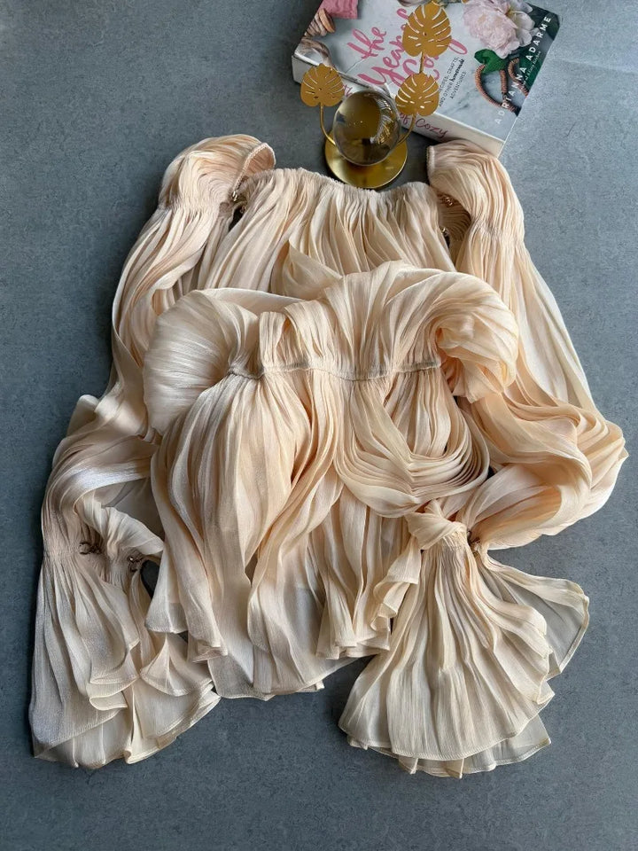 Satin Off-Shoulder Pleated Mini Dress for Women Fashion Puff Sleeve Cinched Waist Prom Party Skirt 2026 NEW Spring Lady Dresses