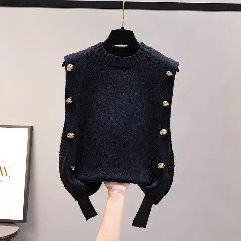 Black Knit Tops For Woman Red Winter Button Round O Neck Women&