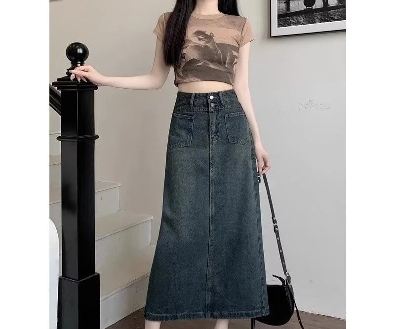 Split Denim Midi Skirt for Women New Plus Size A-line High Waist Long Skirt with Crotch Covering