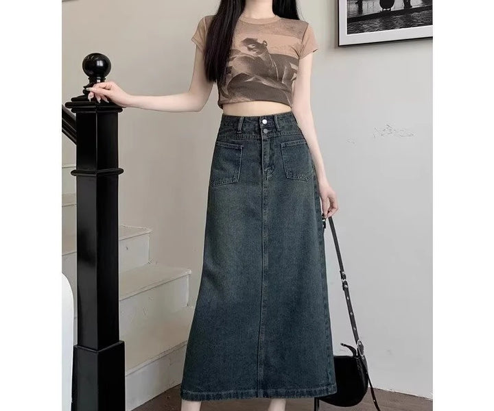 Split Denim Midi Skirt for Women New Plus Size A-line High Waist Long Skirt with Crotch Covering