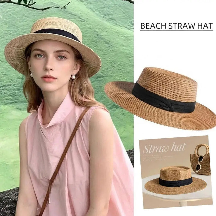 Boater Straw Hat wide brim French elegant square ribbon women&