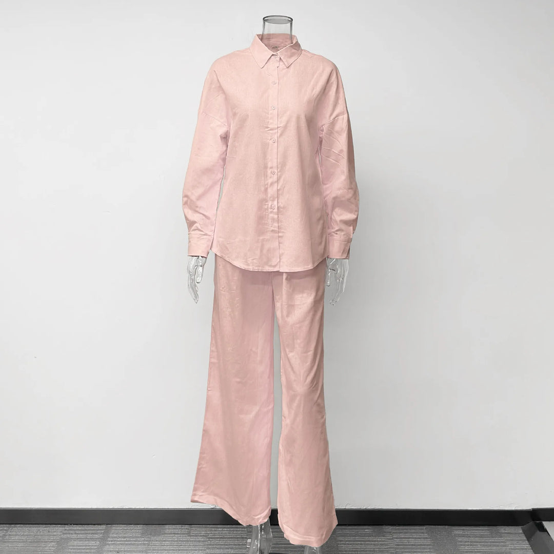 Women Pink Linen Two Piece Set Oversized Long Sleeve Shirt Elastic Waist Wide Leg Pants Casual Outfit