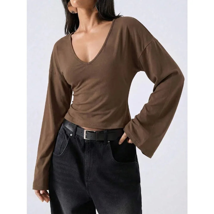 Women V Neck Flare Long Sleeve Crop Top Slim Fit Basic T Shirt Casual Y2K Streetwear Elegant Daily Fashion Blouse Tops