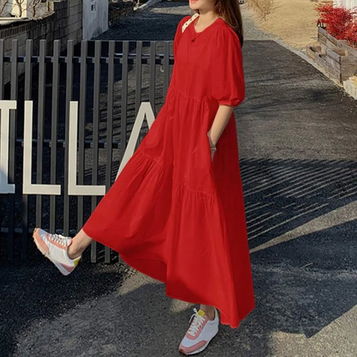 Elegant Red White Dress Women Sundress 2024 Summer Loose Casual Short Sleeve Maxi Vestidos Female O-neck Simples Robe Femme