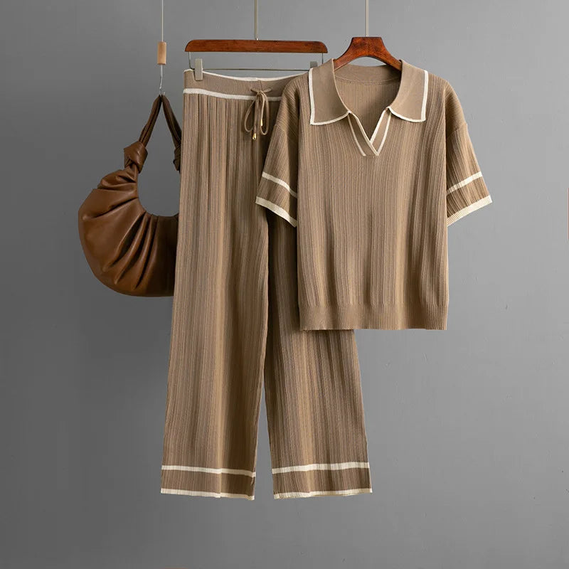 Knitting 2 Piece Sets Women Top Polo Shirt Suit Wide Leg Straight Pants Outfits Lace Up Casual Knitwear Ensemble 2025 Summer