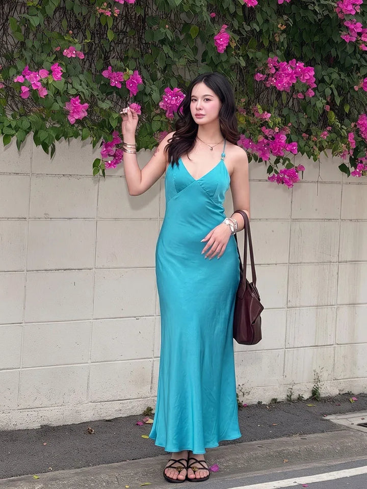 HH Silky Satin Midi Slip Dress Women Summer Deep V Crisscross Back Beaded Spaghetti Strap Long Dress Beach Date Wear