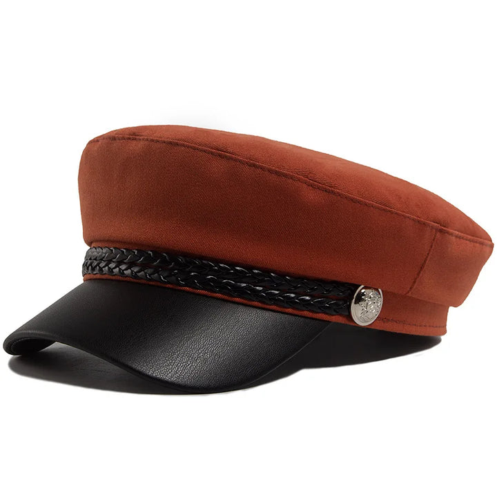 Flat Top Newsboy Cap Streetwear Women Vintage Sailor Cap Daily Wear British Style Cadet Cap PU Leather Brim Peaked Beret Travel
