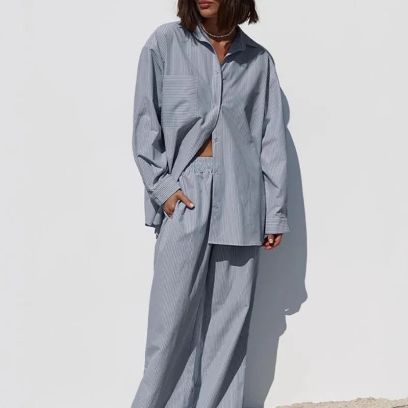 Women Striped Two Piece Outfit Loose Long Sleeve Shirt Drawstring Wide Leg Pants Set