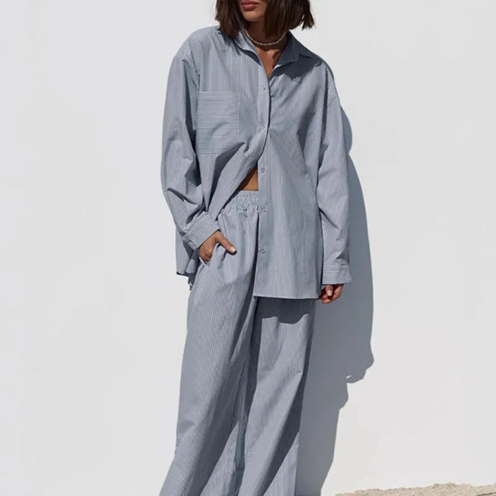 Women Striped Two Piece Outfit Loose Long Sleeve Shirt Drawstring Wide Leg Pants Set